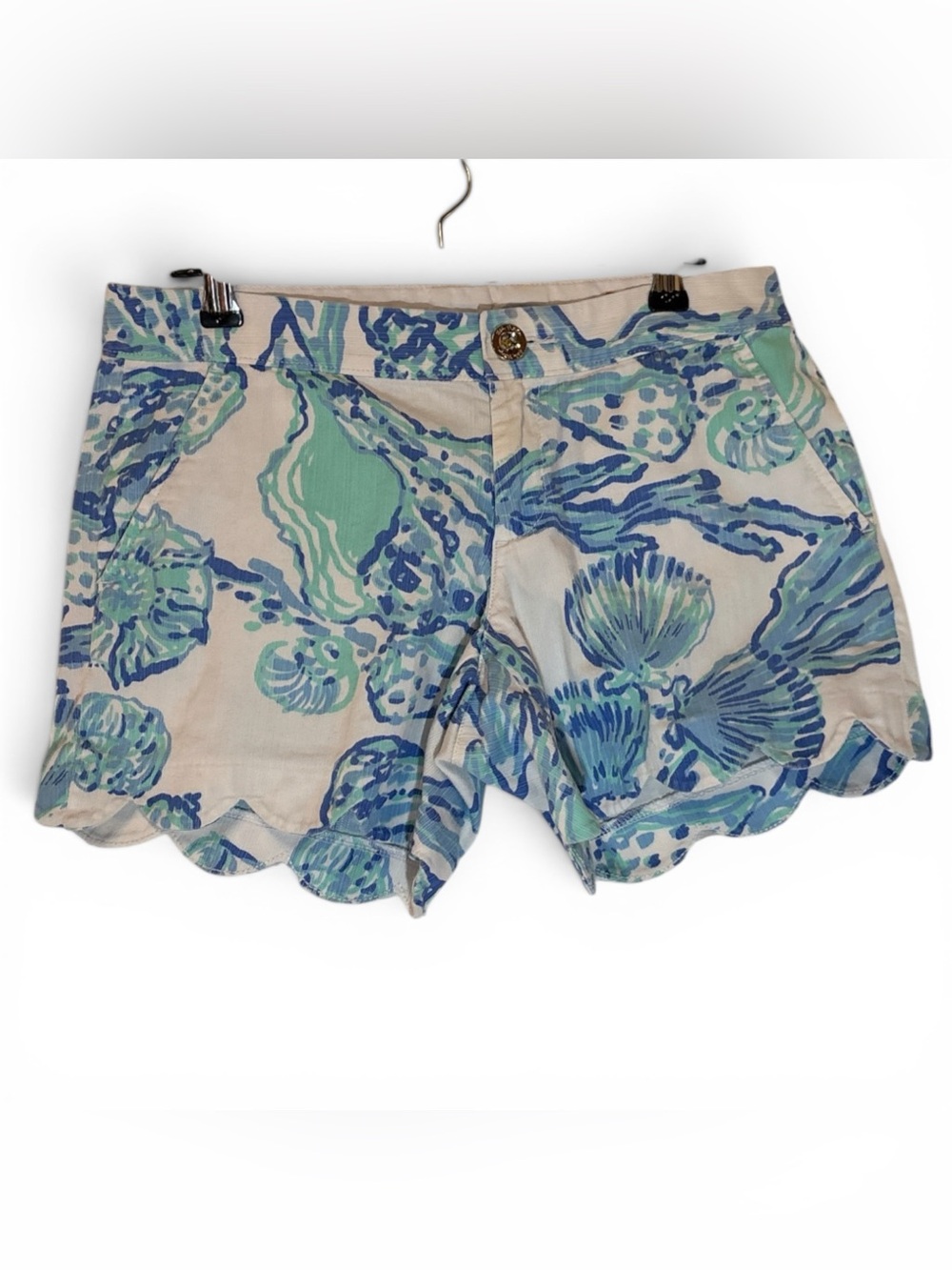 Lilly Pulitzer Buttercup Scallop Hem Shorts Shell Print Blue Green 2 - Picture 1 of 7